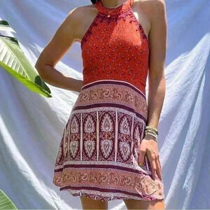 Alya Francesca's orange print Dresses Y2K Boho Ryan Embroderied Lotus Halter M‎